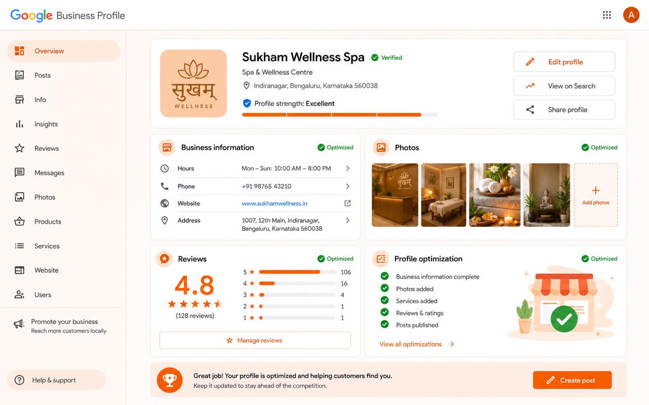 Google Business Profile dashboard for an Indian local business with business information, photos, reviews and optimization checklist