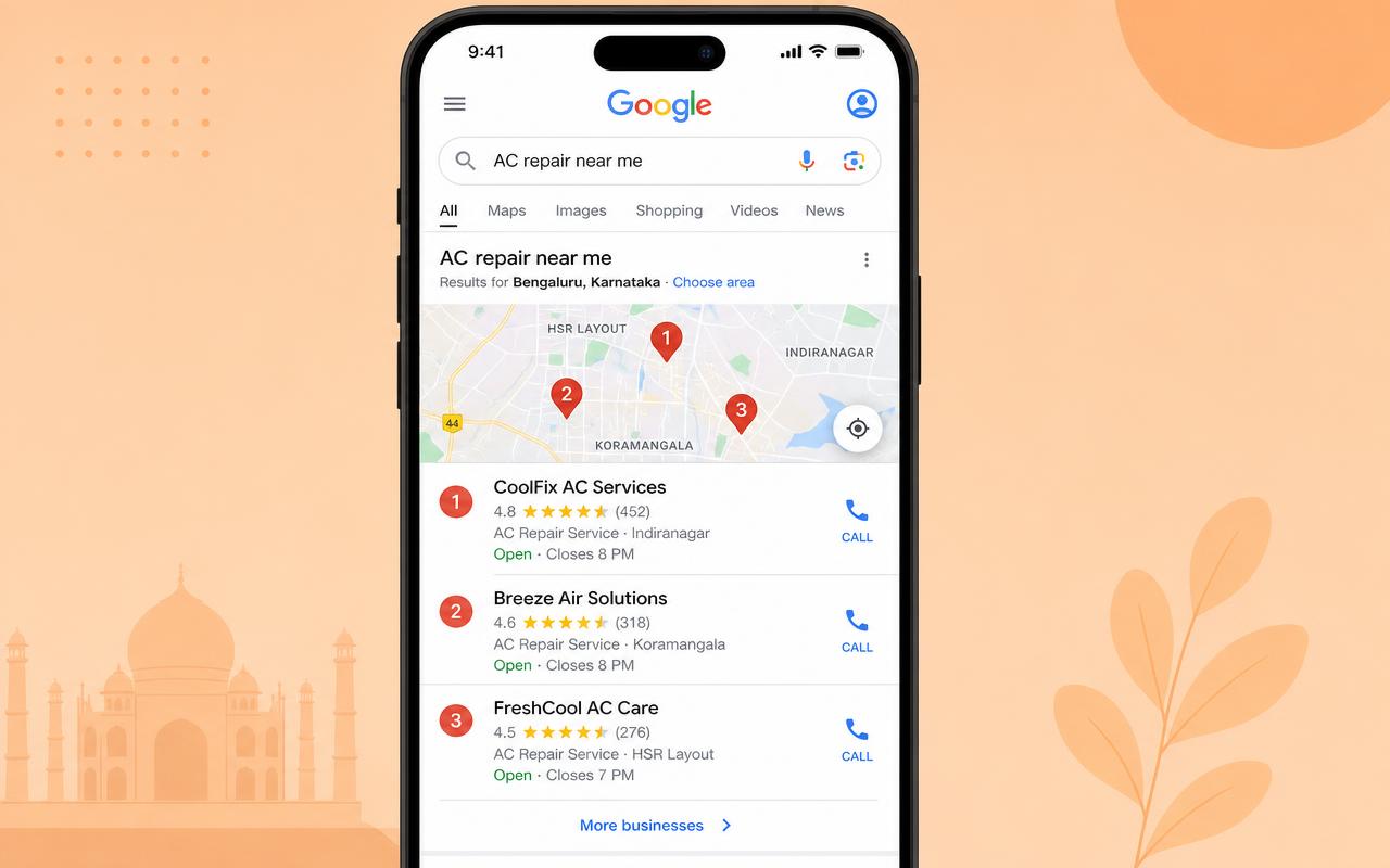 Google Maps local pack results for AC repair near me in India showing three ranked business listings