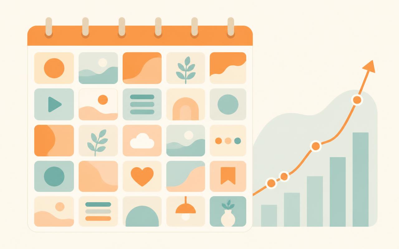 Monthly social media content calendar and engagement growth chart